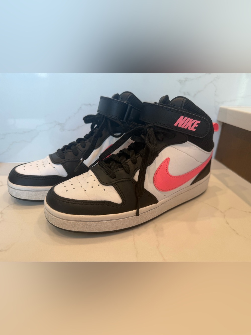 Nike Court Borough Mid 2 (GS / Big Kids) in Black / White / Sunset Pulse 6Y